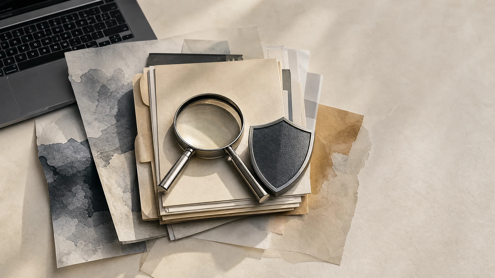 Un dossier, une loupe, un ordinateur et un bouclier illustrant l’analyse d’un dossier de récupération.